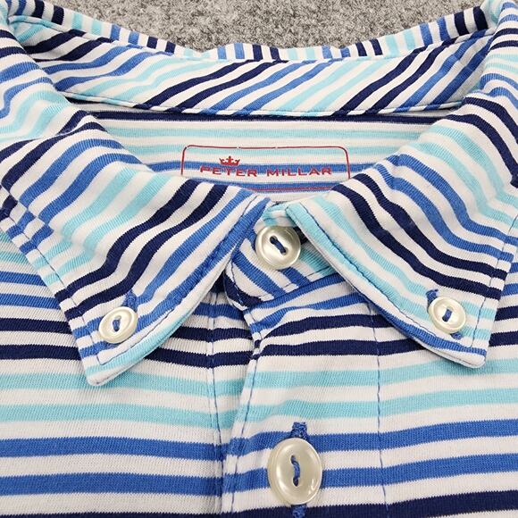 Peter Millar Polo Shirt Mens Large Blue Striped Performance Pima Golf Pocket - Picture 9 of 14